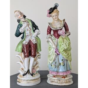 1950s Vintage Japan Victorian Couple Figurines Man Woman Hand Painted Porcelain